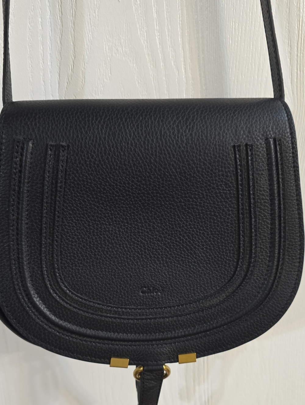 Chloe Black Pebbled Leather Marcie Crossbody Bag with Gold Hardware